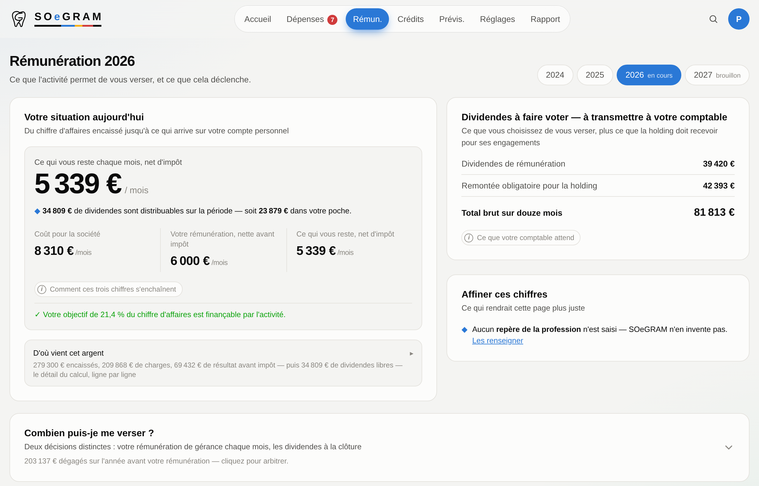 L'écran Rémunération de SOeGRAM sur un cabinet d'exemple : ce qui reste chaque mois net d'impôt, les dividendes distribuables, le coût pour la société, et d'où vient cet argent.